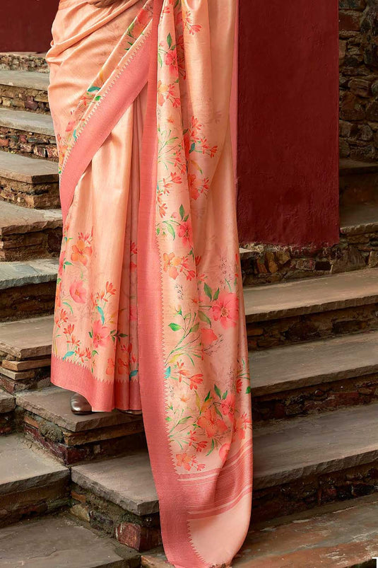 Excellent Art Silk Fabric Peach Color Floral Printed Saree