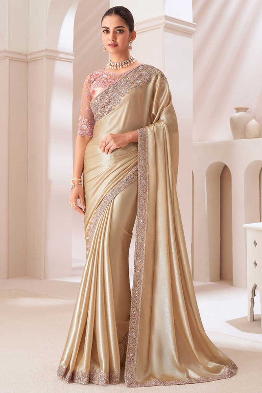 Beguiling Border Work On Beige Color Chiffon Fabric Saree