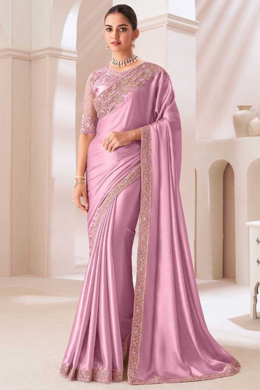 Incredible Border Work On Chiffon Fabric Pink Color Saree