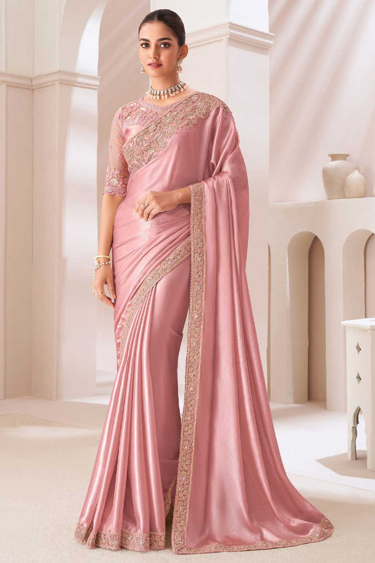 Chiffon Fabric Peach Color Delicate Saree With Border Work