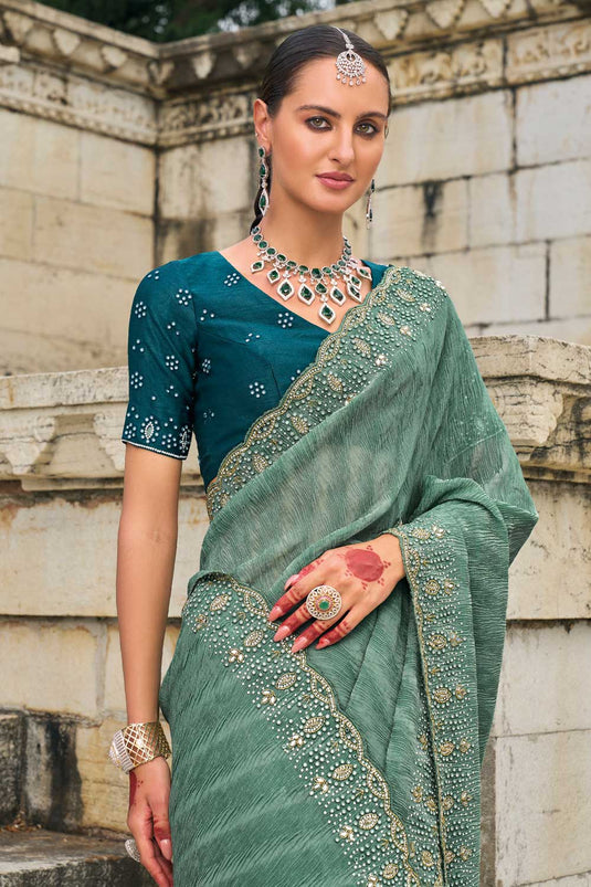 Tissue Fabric Heavy Embroidered Work Sea Green Color Phenomenal Saree