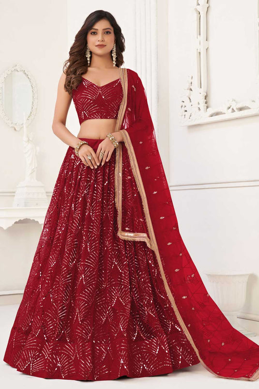 Net Fabric Captivating Red Color Lehenga