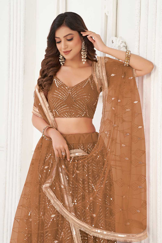 Brown Color Net Fabric Glamorous Look Lehenga