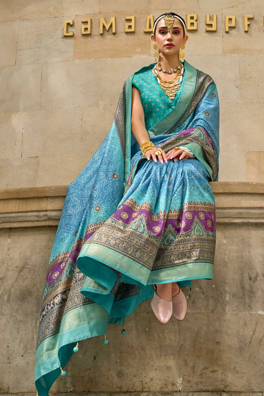 Excellent Viscose Fabric Sky Blue Color Printed Saree