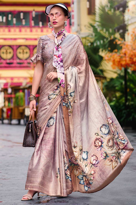 Creative Beige Color Satin Fabric Casual Wear Printed Saree