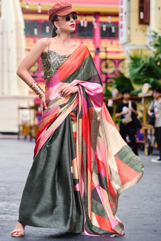 Beguiling Printed Olive Color Satin Fabric Casual Wear Saree