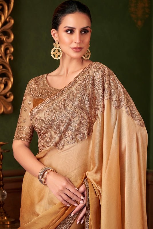 Celestial Chiffon Satin Fabric Lace Work Saree