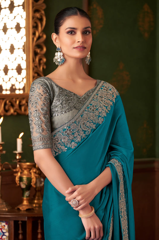 Dazzling Sky Blue Silk Chiffon Function Saree