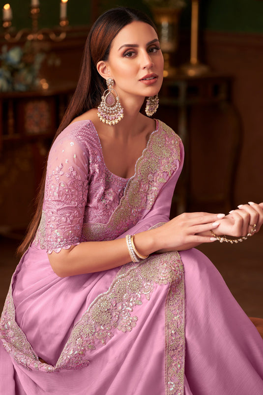 Ethereal Pink Color Silk Chiffon Fabric Wedding Wear Saree