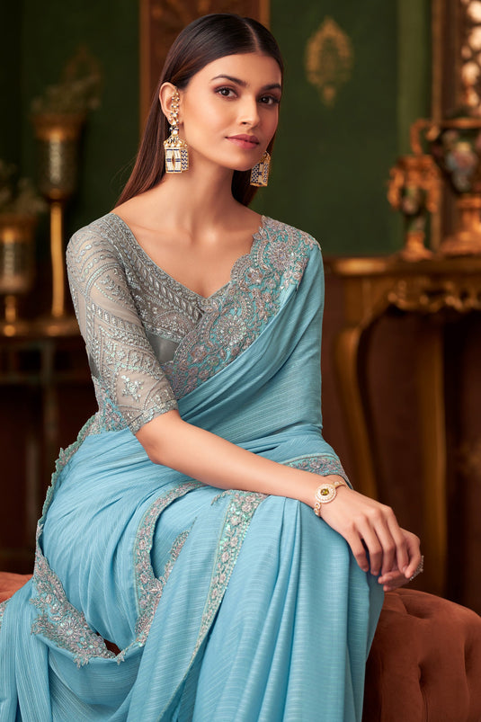 Luxe Sky Blue Color Lace Work Saree