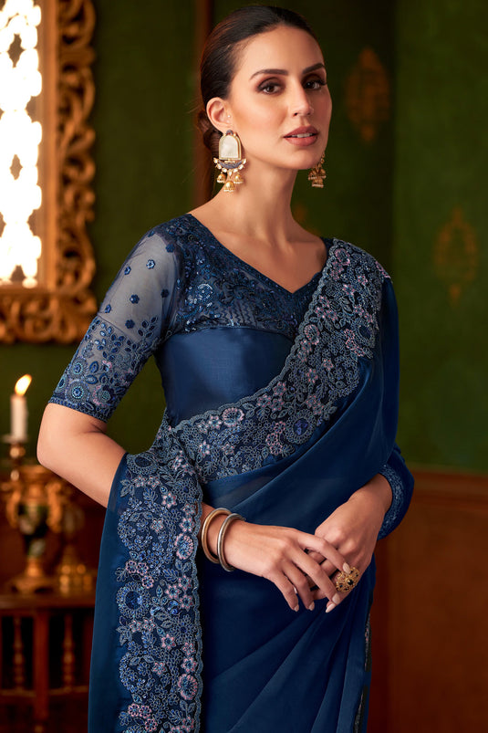 Opulent Blue Charm Satin Saree