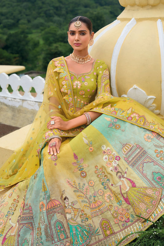 Champagne Green Pure Silk Heavy Embroidered Bridal Lehenga Choli