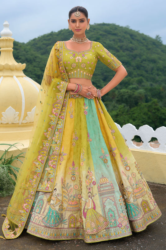 Champagne Green Pure Silk Heavy Embroidered Bridal Lehenga Choli