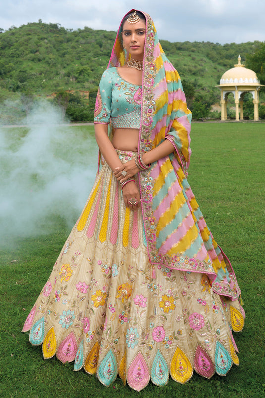 Flaming Multi Color Pure Silk Heavy Embroidered Bridal Lehenga Choli