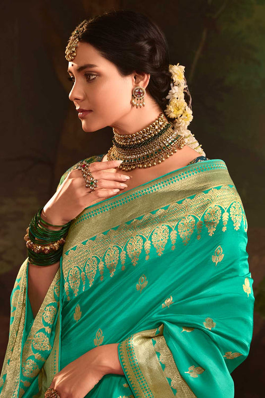 Crepe Silk Fabric Sea Green Color Pleasance Saree With Weaving Work