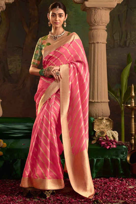 Pink Color Crepe Silk Fabric Coveted Saree With Weaving Work