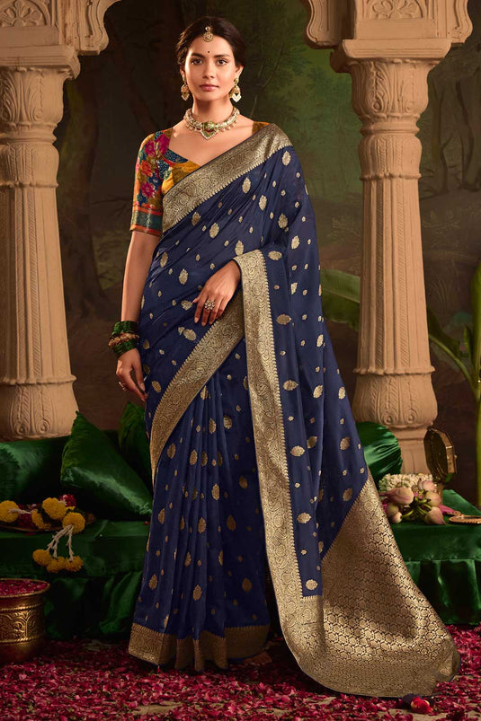 Crepe Silk Fabric Navy Blue Color Riveting Saree With Weaving Work