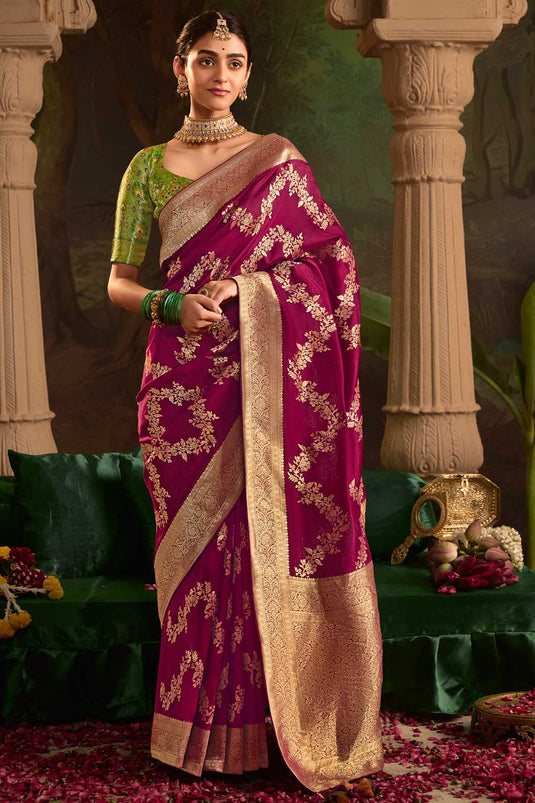 Weaving Work On Magenta Color Sober Saree In Crepe Silk Fabric