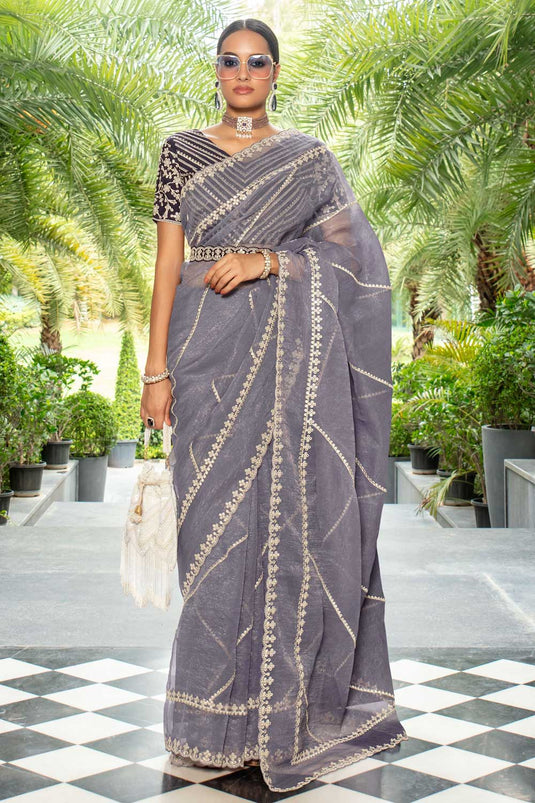 Function look Organza Lace Work Saree in Grey Color