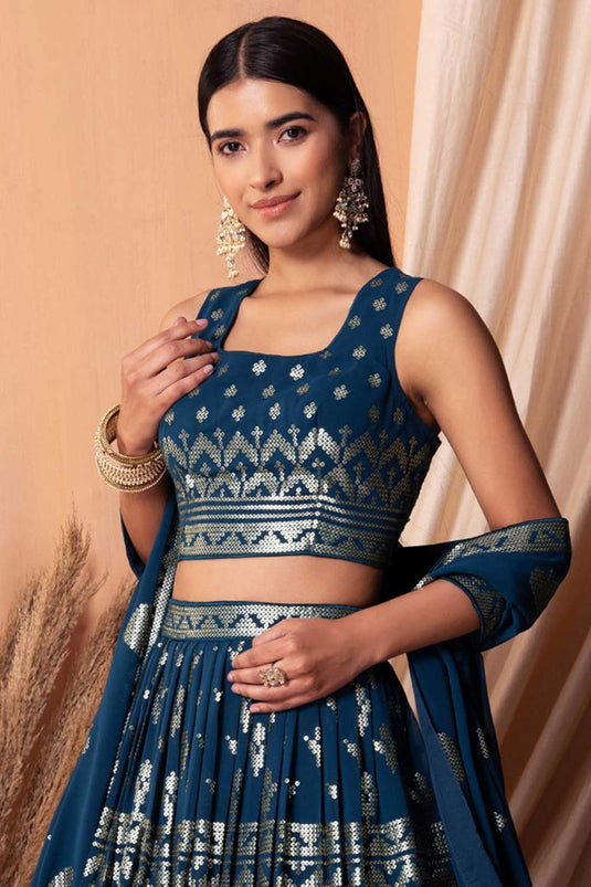 Trendy Navy Blue Color Sequins Designs Georgette Lehenga Choli