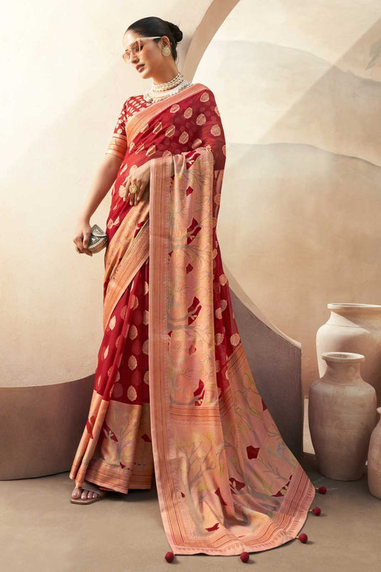 Red Color Printed Work On Georgette Fabric Beatific Saree