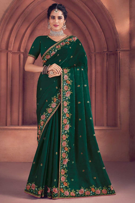 Green Color Gorgeous Organza Saree With Embroidered Work