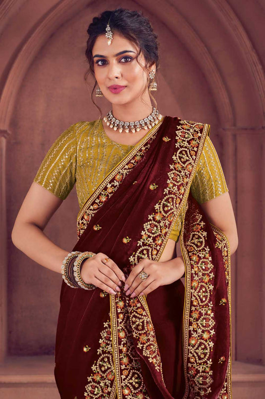 Maroon Color Embroidered Work Pleasant Organza Saree