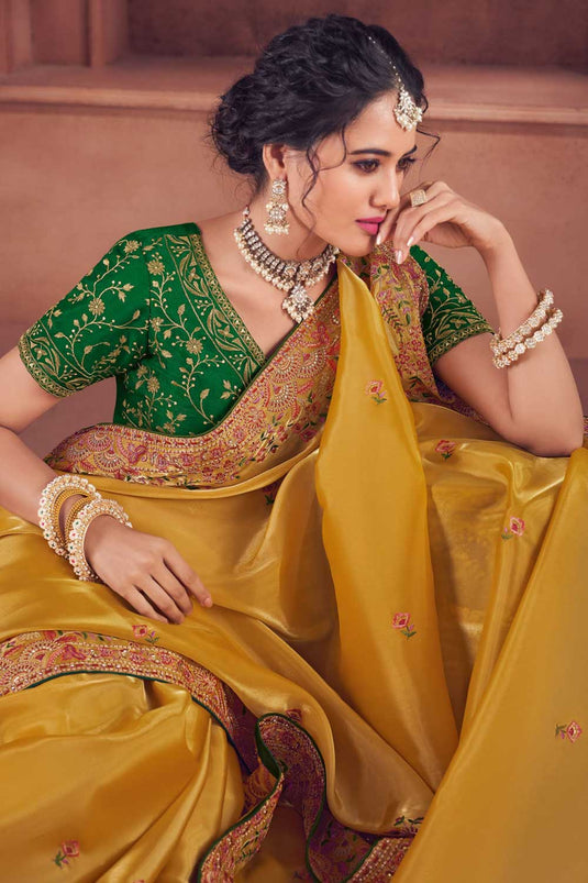 Yellow Color Embroidered Work Brilliant Organza Saree