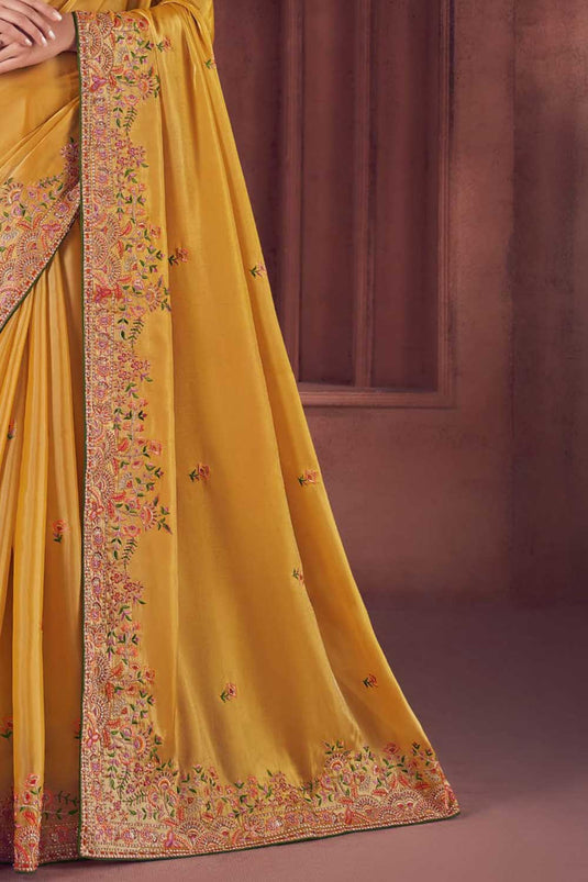 Yellow Color Embroidered Work Brilliant Organza Saree