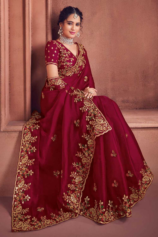 Blazing Rani Color Embroidered Work Organza Saree