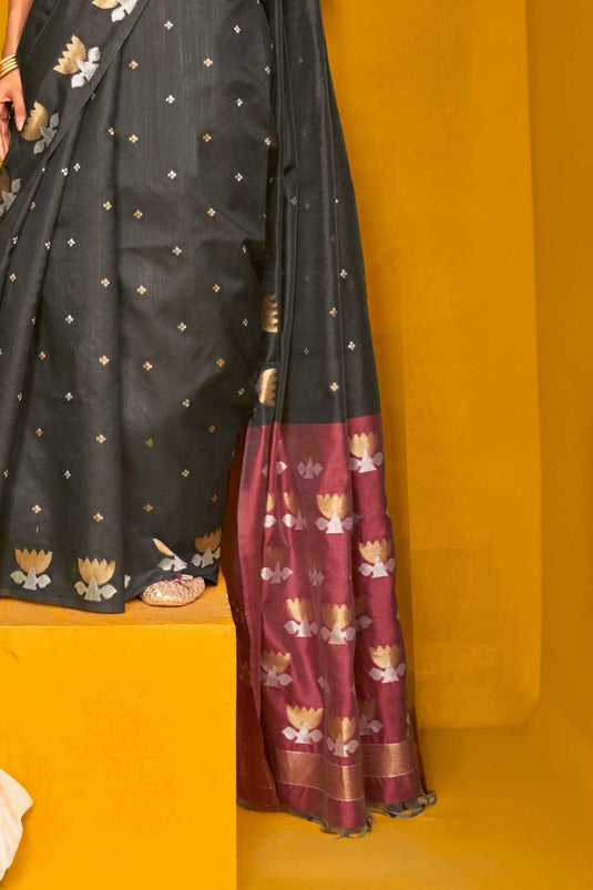 Imposing Art Silk Printed Saree In Black Color