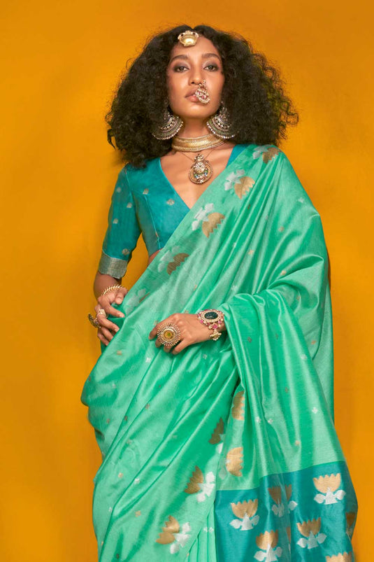 Soothing Art Silk Printed Saree In Sea Green Color