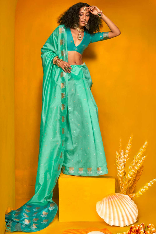 Soothing Art Silk Printed Saree In Sea Green Color