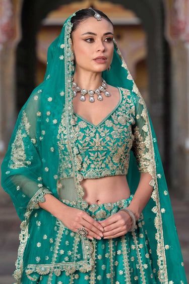 Cyan Color Net Fabric Wedding Wear Beautiful Lehenga Choli