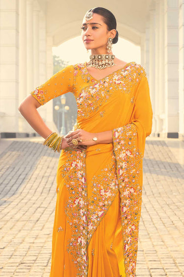 Stone and Thread Work Soothing Crepe Saree In Mustard Color
