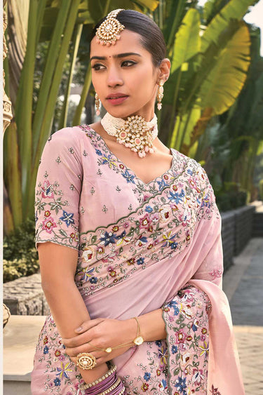 Stone and Thread Work Attractive Banarasi Saree In Pink Color