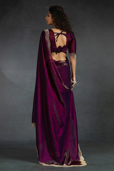 Satin Silk Purple Stone Border Work Party Wear Saree