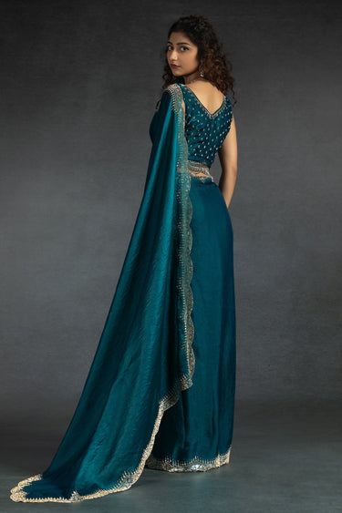 Teal Satin Silk Stone Border Work Saree For Party Wear