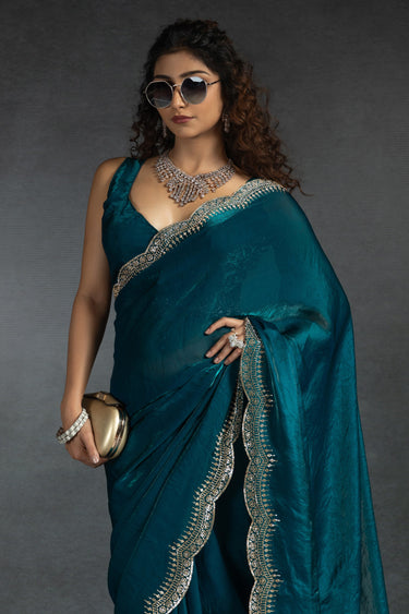 Teal Satin Silk Stone Border Work Saree For Party Wear