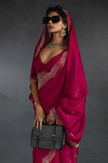 Party Wear Satin Silk Stone Border Work Saree In Rani Color