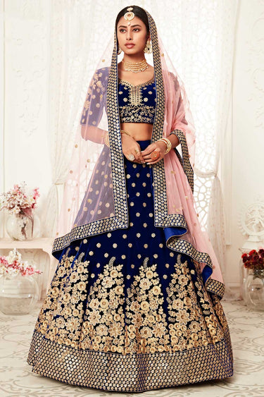 Velvet Fabric Blue Color Excellent Lehenga With Sequins Work