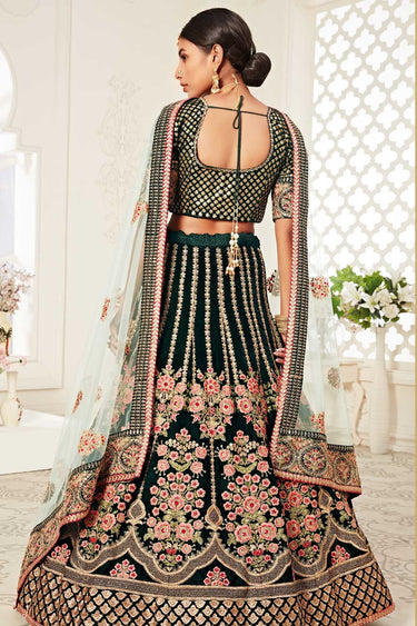 Sequins Work On Dark Green Color Sober Lehenga In Velvet Fabric