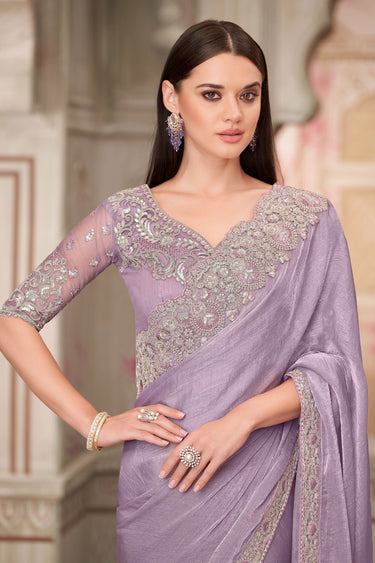Chiffon Silk Party Style Vintage Lace Border Work Saree In Lavender Color