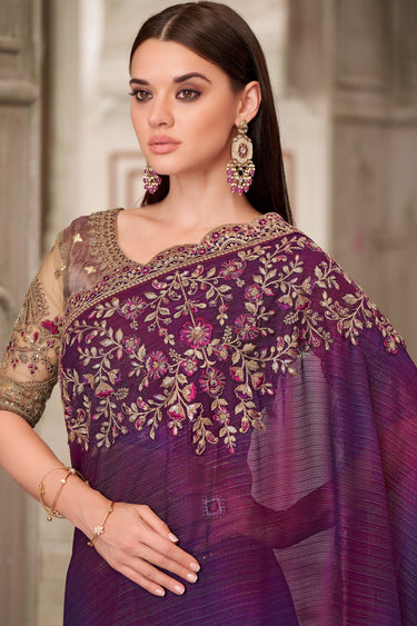 Purple Party Style Georgette Incredible Lace Border Work Saree With Designer Blouse