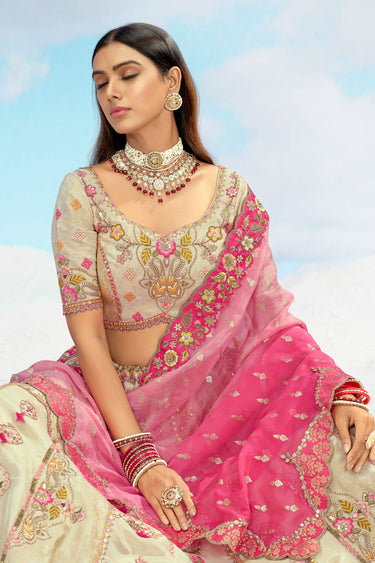 Heavy Embroidered Beige Color Bridal Lehenga Choli In Silk Fabric