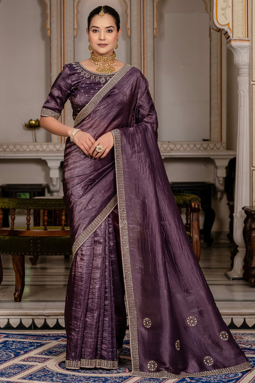 Fancy Fabric Purple Stone Work Party Wear Saree