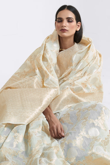 Linen Zari Weaving Work Saree In Beige Color