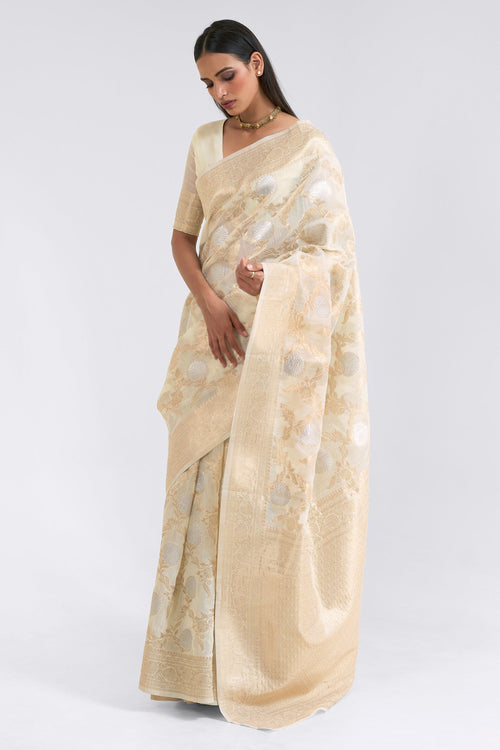 Linen Zari Weaving Work Saree In Beige Color