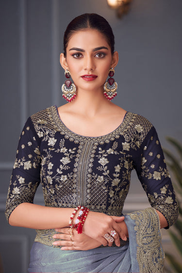 Art Silk Embroidered Lace Border Work Saree In Grey Color