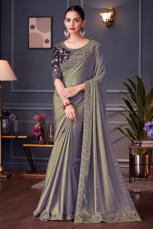 Art Silk Embroidered Lace Border Work Saree In Grey Color